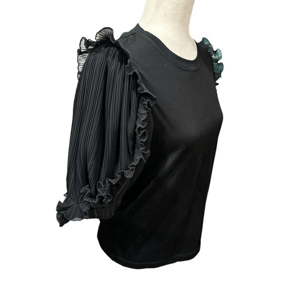 Sandro Paris Black Tee Shirt with Pleated Puffy Sleeves S - Picture 3 of 6